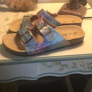 Very sparkly pink purple and blue sandals, new.